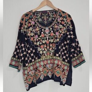 Johnny Was Sandra Blouse Heavily Embroidered Boho Blue Night Size L Womens